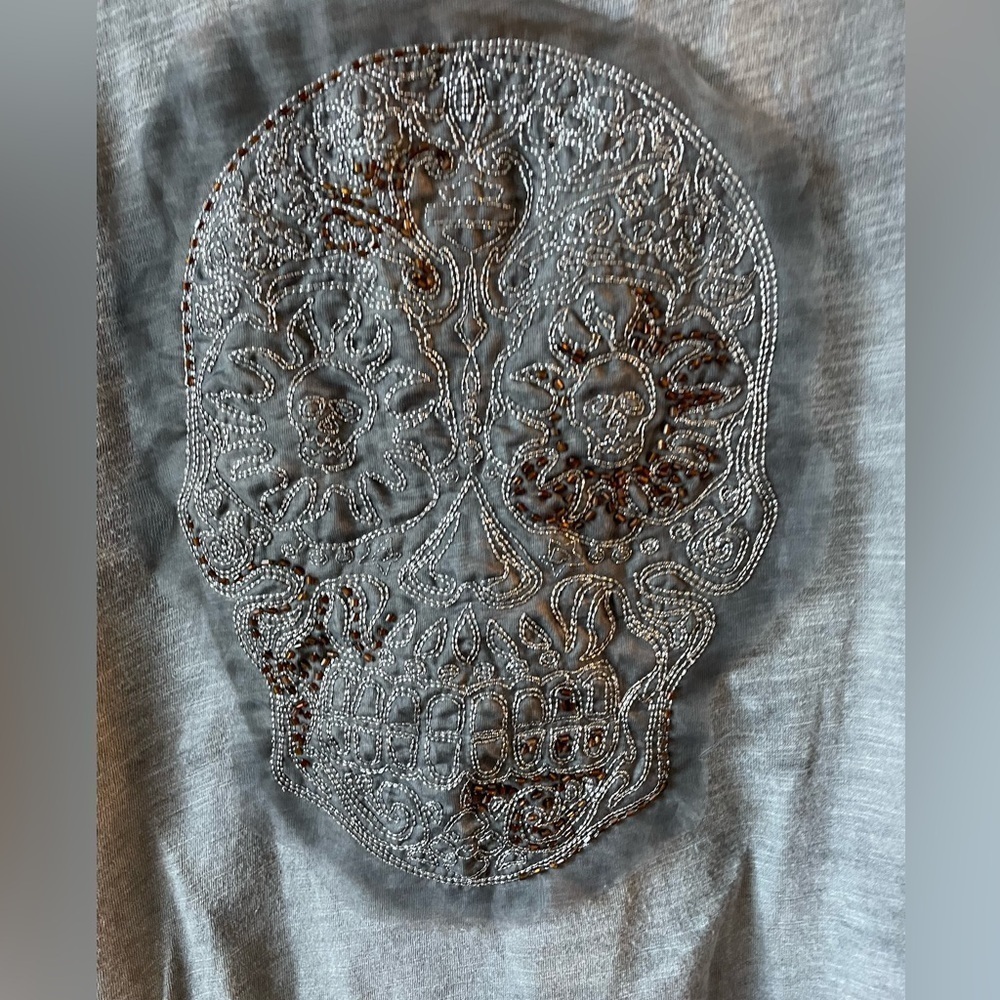 Harley Davidson, size M, embellished gray skull embroidered tank beaded straps - Picture 2 of 6